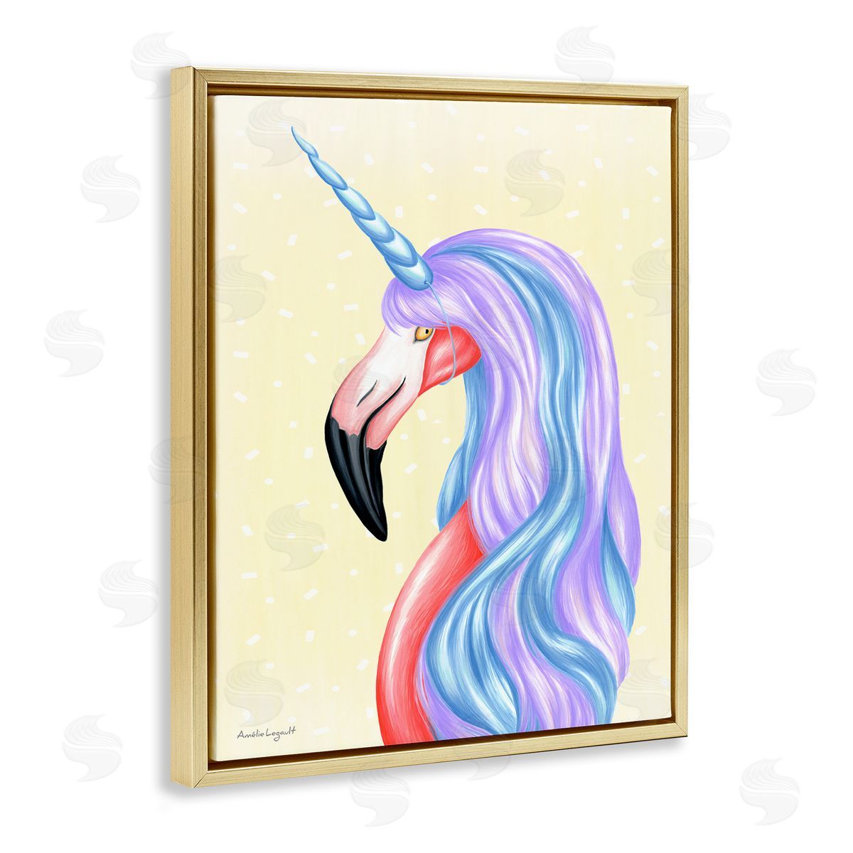 Amelie Legault Radiant Flamingo Bird Pastel Unicorn Horn Hair  Gold Floating Frame Canvas Wall Art Print
