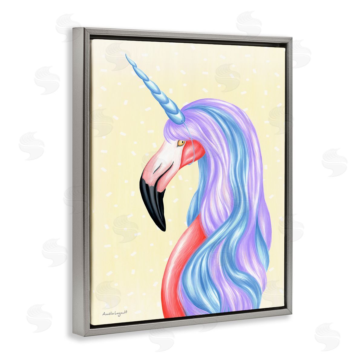 Amelie Legault Radiant Flamingo Bird Pastel Unicorn Horn Hair  Gray Floating Frame Canvas Wall Art Print