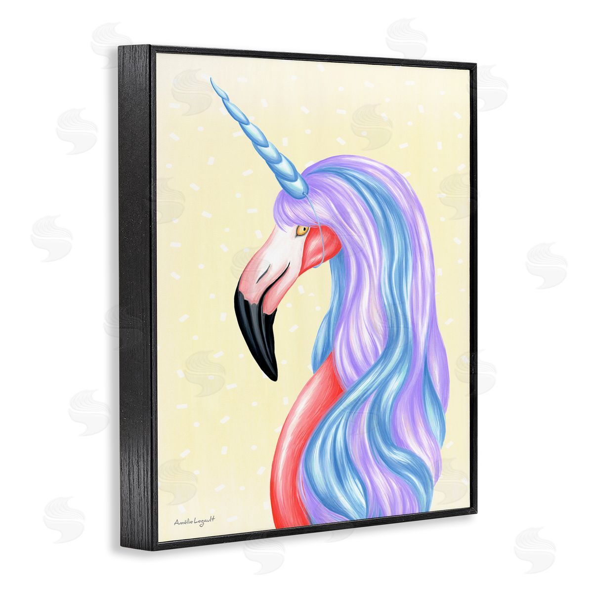 Amelie Legault Radiant Flamingo Bird Pastel Unicorn Horn Hair  Black Framed Giclee Wall Art Print