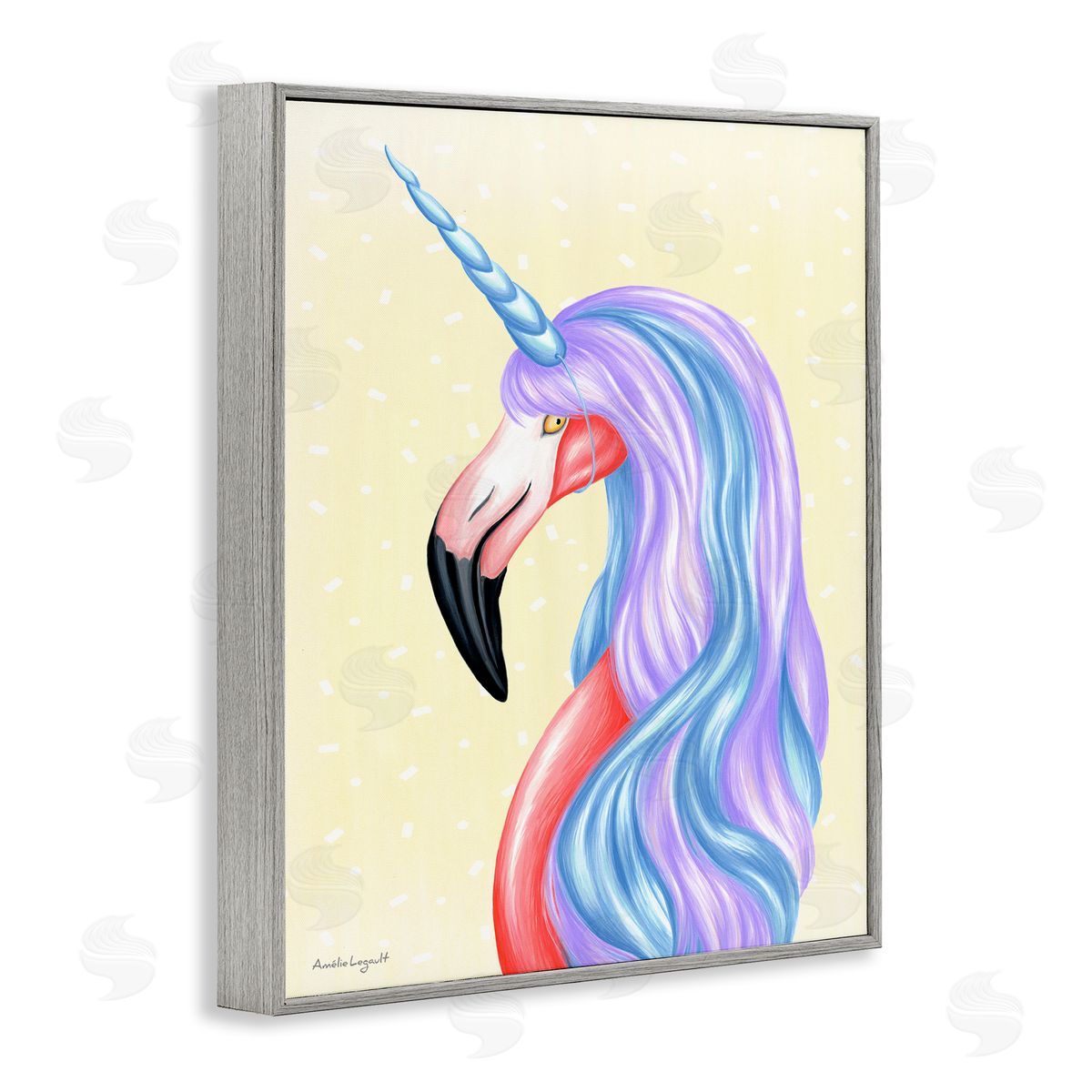 Amelie Legault Radiant Flamingo Bird Pastel Unicorn Horn Hair  Gray Framed Giclee Wall Art Print