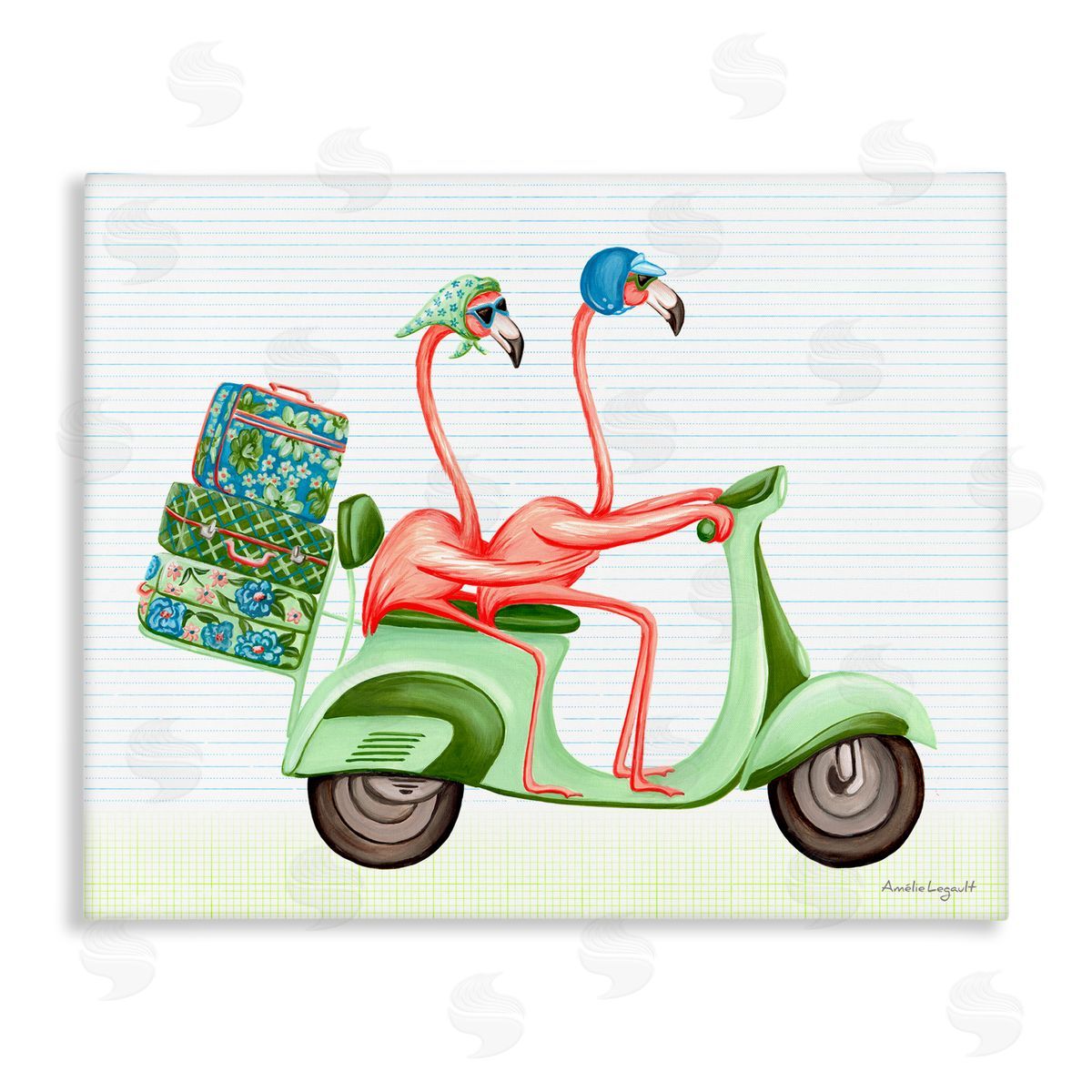 Amelie Legault Flamingo Couple Riding Motor Scooter Packed Luggage  Stretched Canvas Wall Art Print