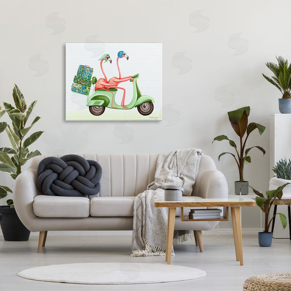 Amelie Legault Flamingo Couple Riding Motor Scooter Packed Luggage  Canvas Wall Art Print in Room