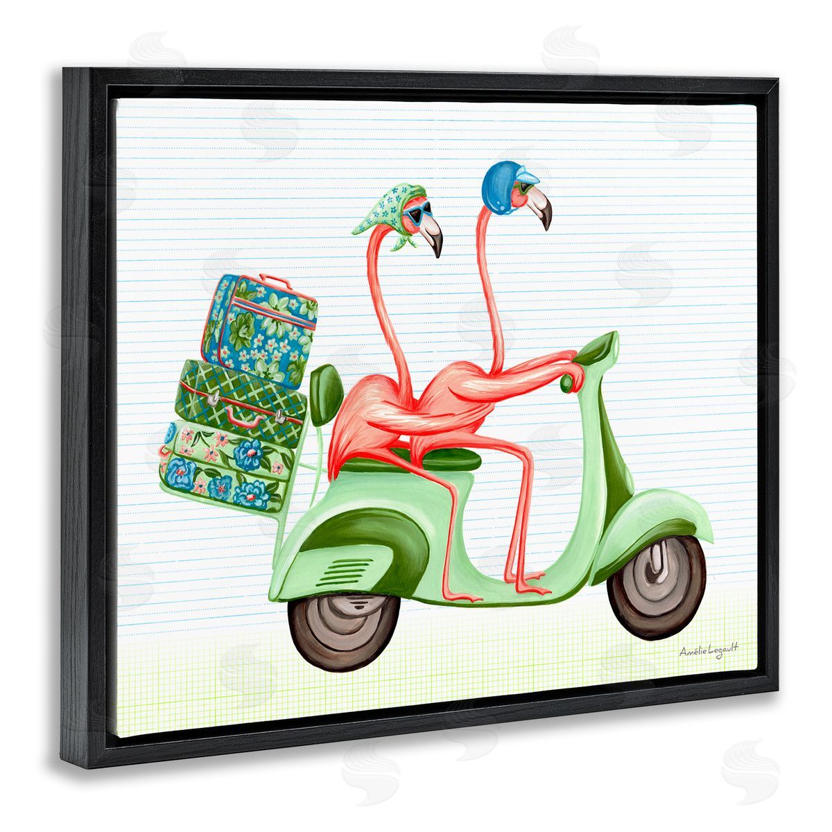 Amelie Legault Flamingo Couple Riding Motor Scooter Packed Luggage  Black Floating Frame Canvas Wall Art Print