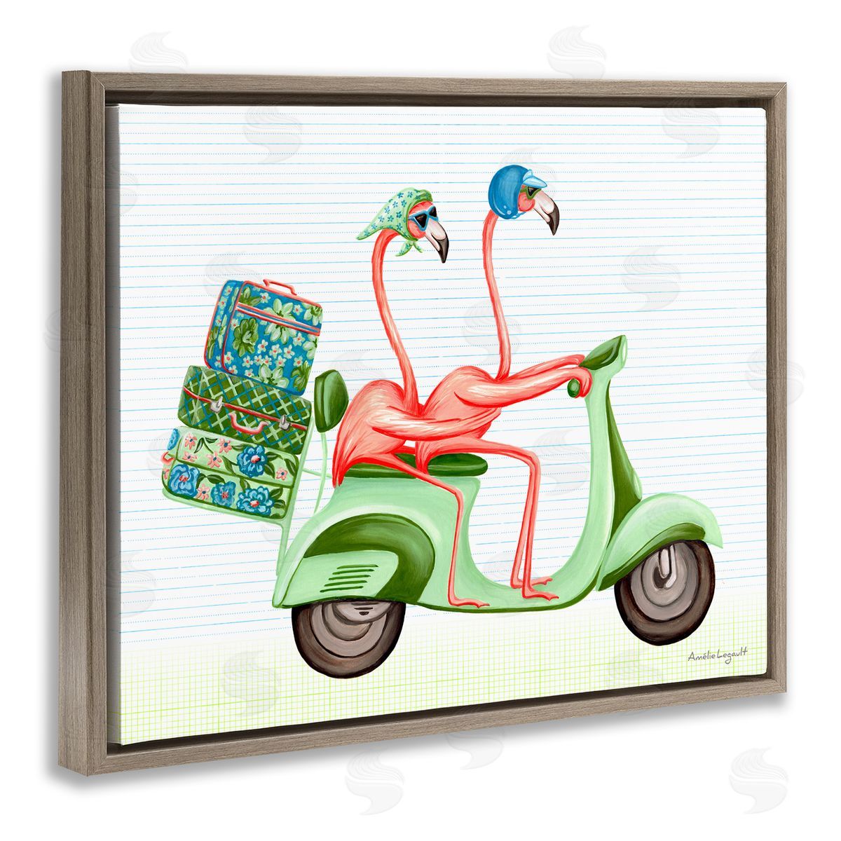 Amelie Legault Flamingo Couple Riding Motor Scooter Packed Luggage  Brown Floating Frame Canvas Wall Art Print