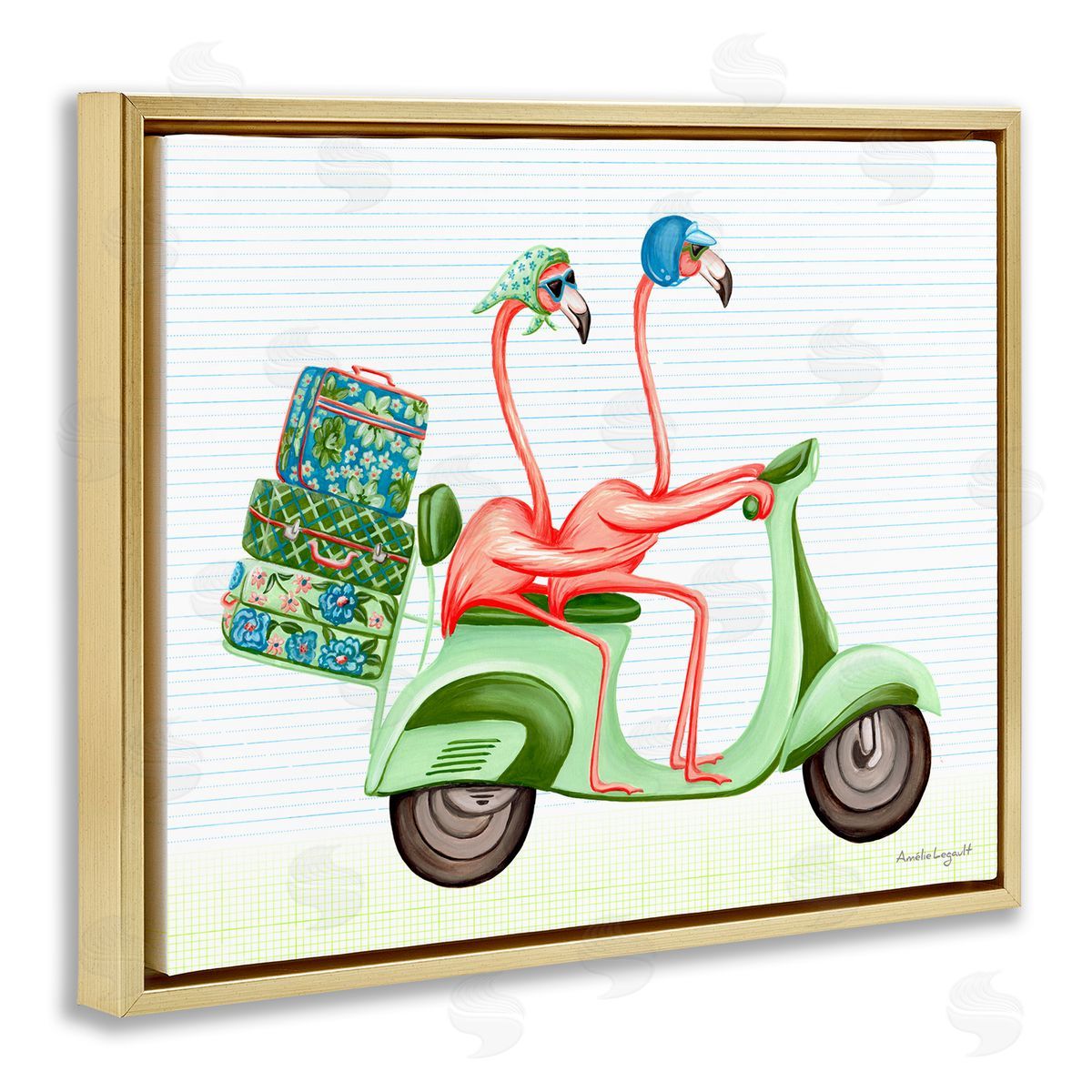 Amelie Legault Flamingo Couple Riding Motor Scooter Packed Luggage  Gold Floating Frame Canvas Wall Art Print