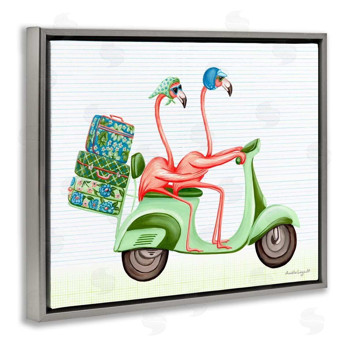Amelie Legault Flamingo Couple Riding Motor Scooter Packed Luggage  Gray Floating Frame Canvas Wall Art Print