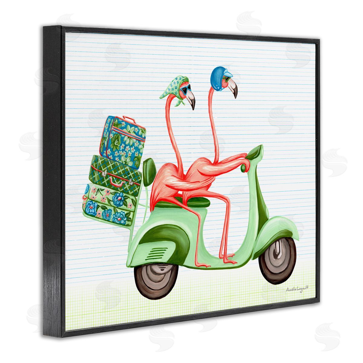 Amelie Legault Flamingo Couple Riding Motor Scooter Packed Luggage  Black Framed Giclee Wall Art Print