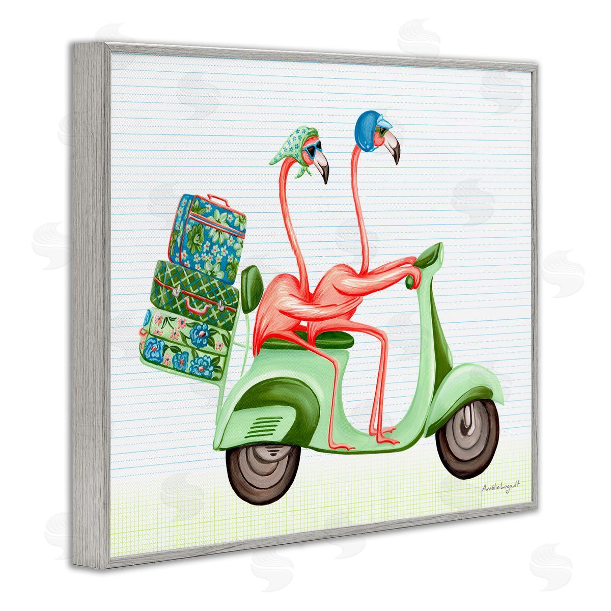 Amelie Legault Flamingo Couple Riding Motor Scooter Packed Luggage  Gray Framed Giclee Wall Art Print