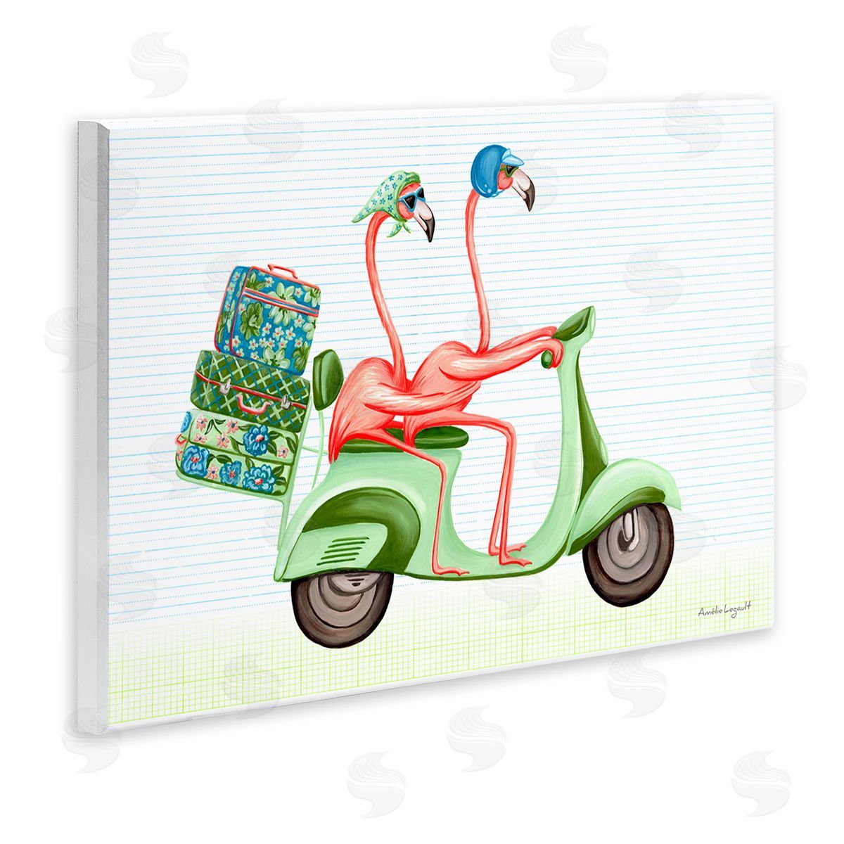 Amelie Legault Flamingo Couple Riding Motor Scooter Packed Luggage  Wall Plaque Art Print