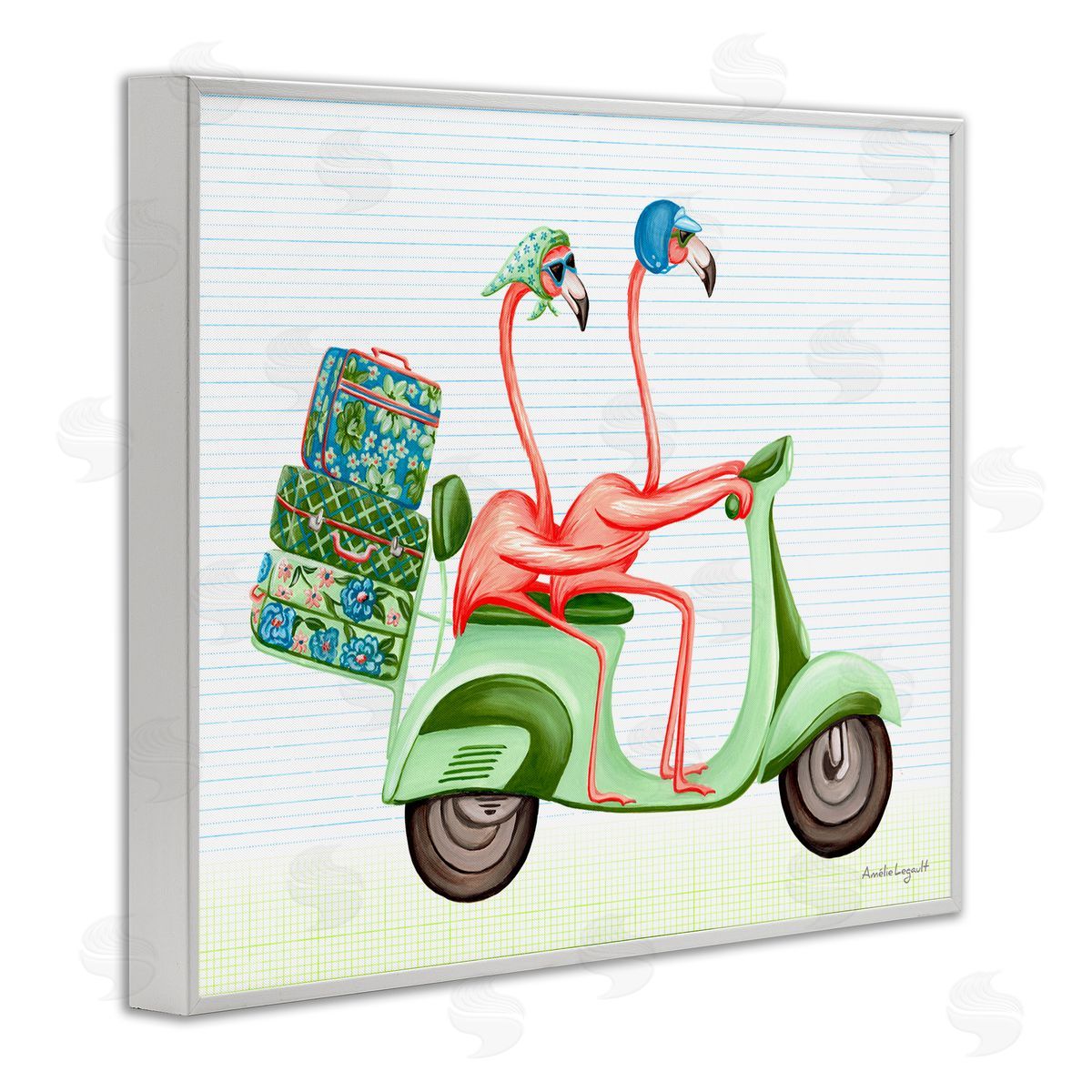Amelie Legault Flamingo Couple Riding Motor Scooter Packed Luggage  White Framed Giclee Wall Art Print