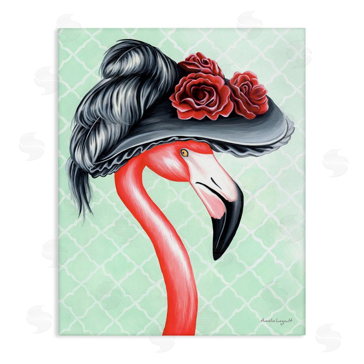 Amelie Legault Classy Flamingo Vintage Black Floral Hat Green Pattern Stretched Canvas Wall Art Print