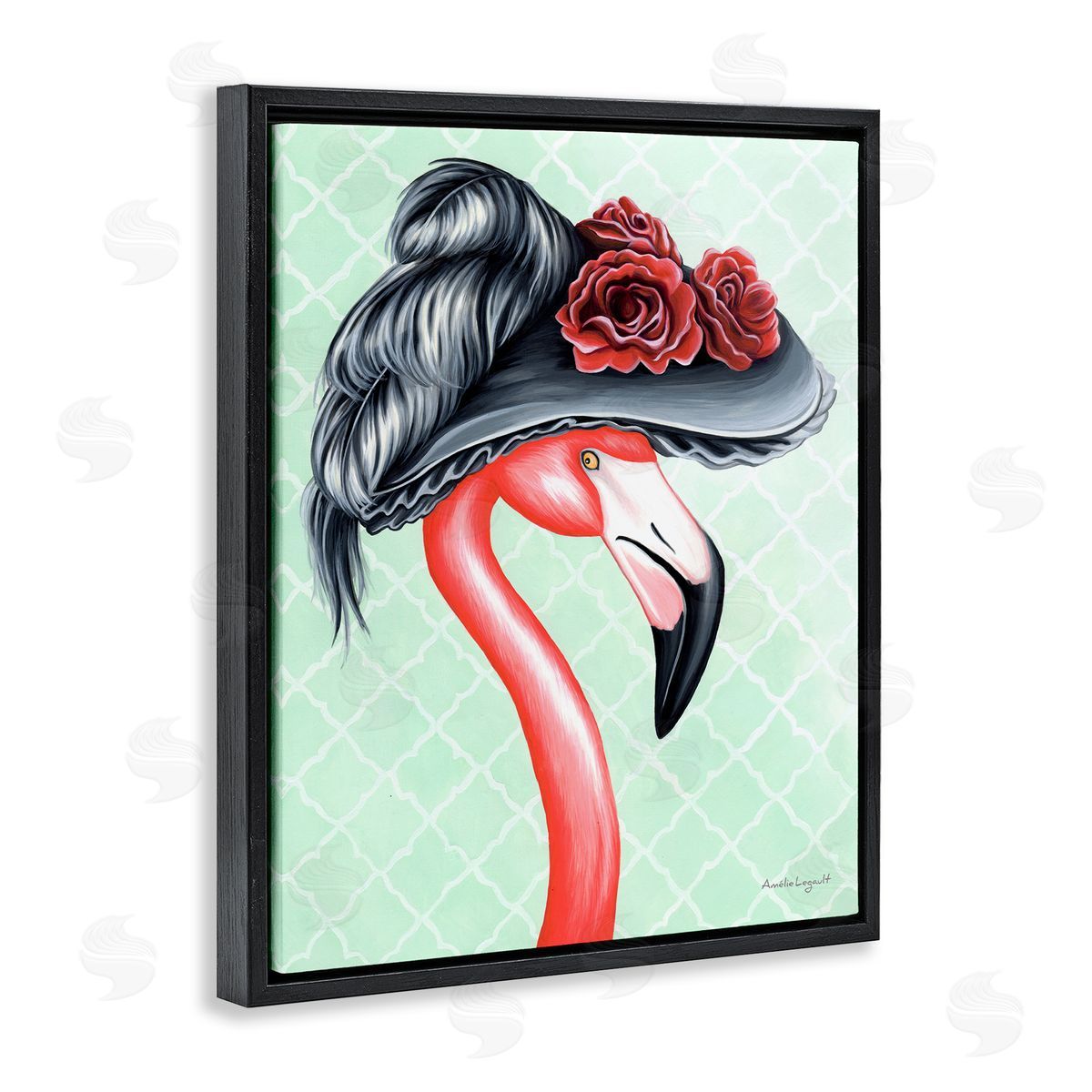 Amelie Legault Classy Flamingo Vintage Black Floral Hat Green Pattern Black Floating Frame Canvas Wall Art Print