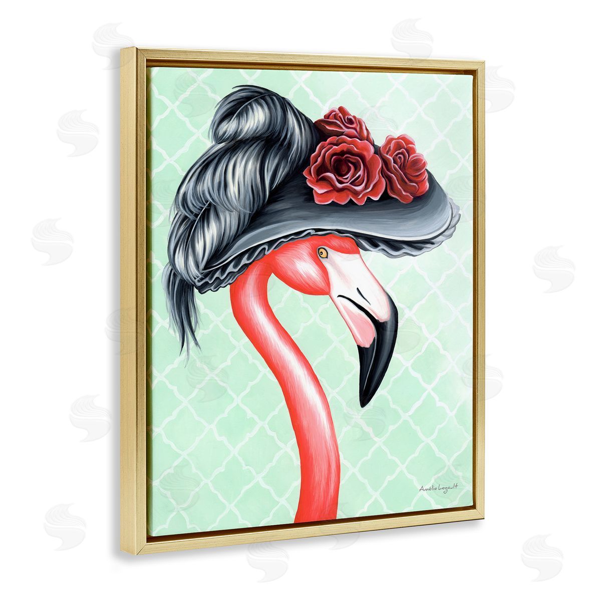 Amelie Legault Classy Flamingo Vintage Black Floral Hat Green Pattern Gold Floating Frame Canvas Wall Art Print