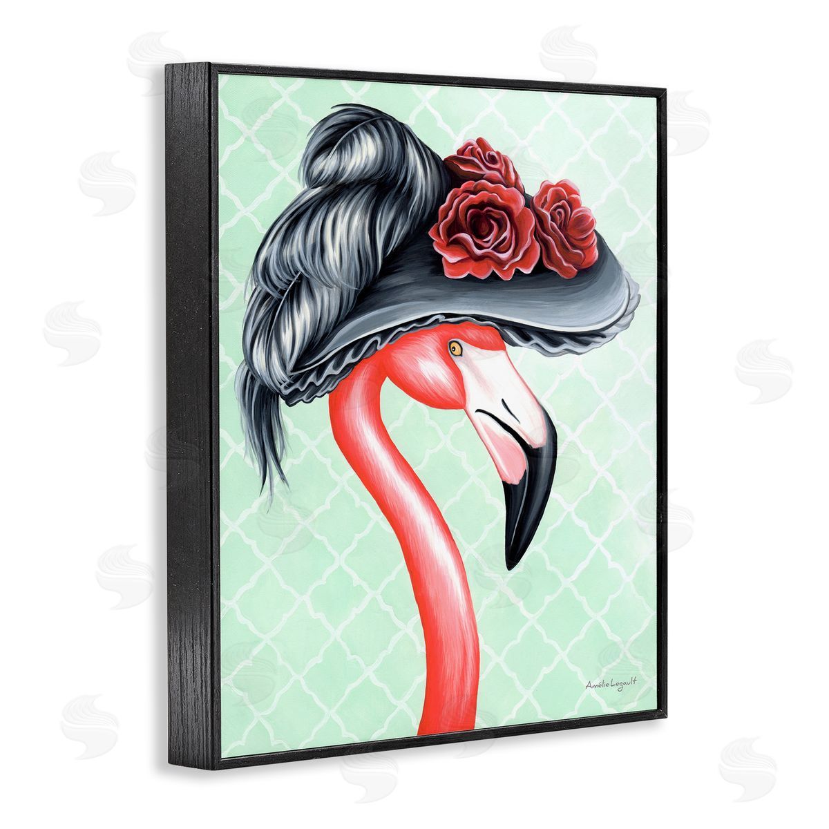 Amelie Legault Classy Flamingo Vintage Black Floral Hat Green Pattern Black Framed Giclee Wall Art Print