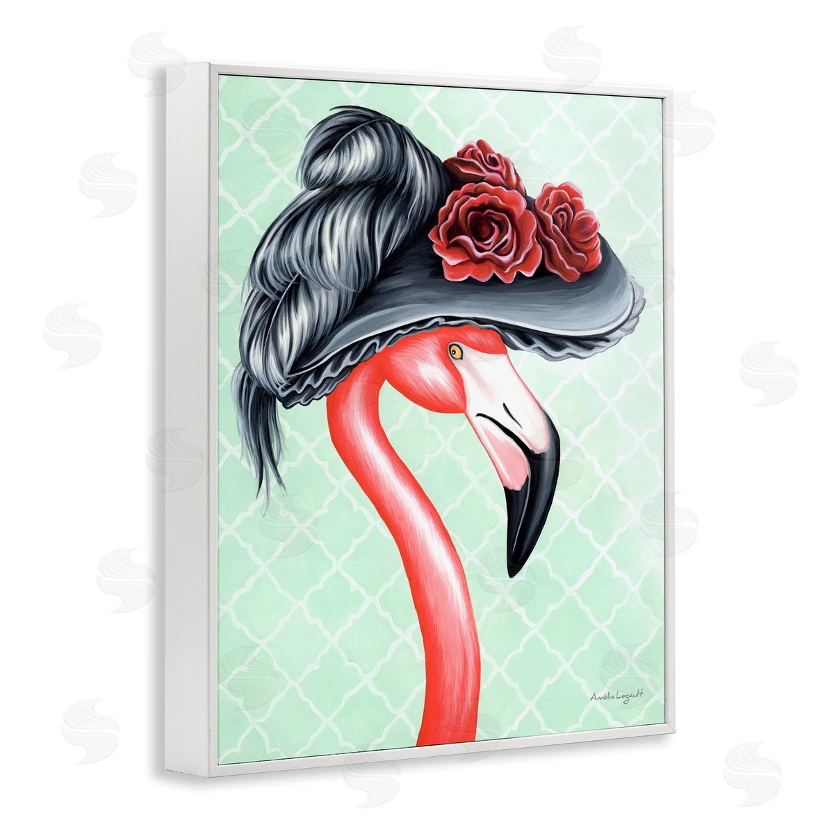 Amelie Legault Classy Flamingo Vintage Black Floral Hat Green Pattern White Framed Giclee Wall Art Print
