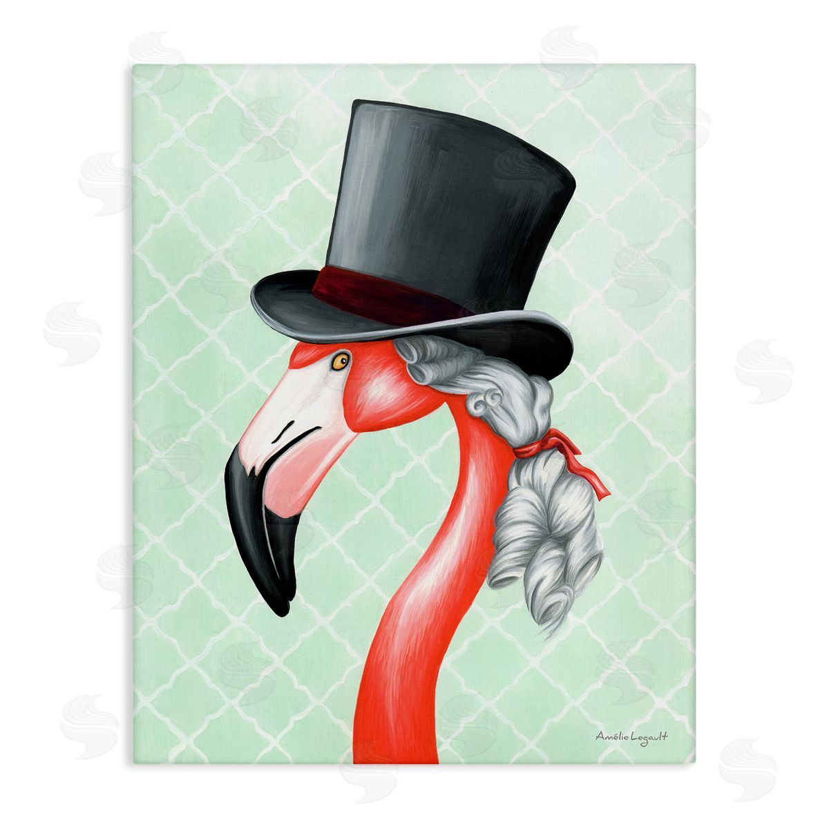 Amelie Legault Flamingo Old-Fashioned Hair Top Hat Patterned Squares Stretched Canvas Wall Art Print