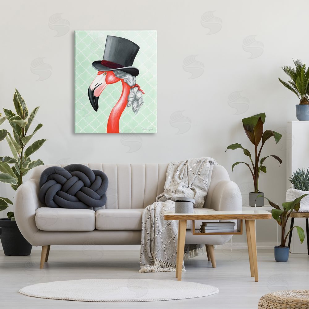 Amelie Legault Flamingo Old-Fashioned Hair Top Hat Patterned Squares Canvas Wall Art Print in Room