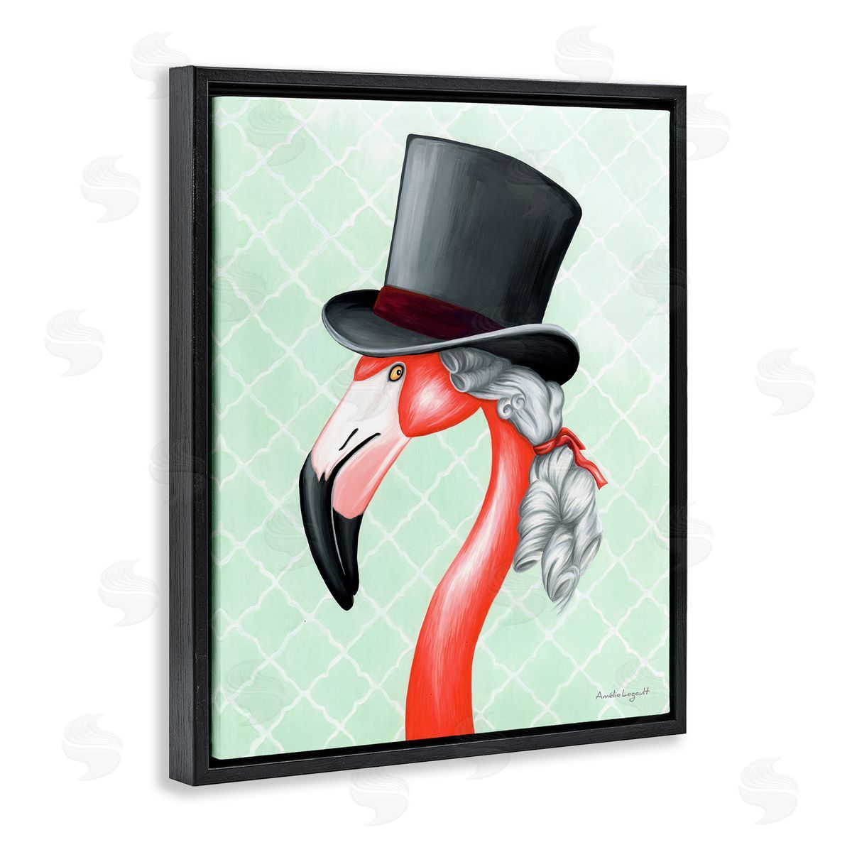 Amelie Legault Flamingo Old-Fashioned Hair Top Hat Patterned Squares Black Floating Frame Canvas Wall Art Print