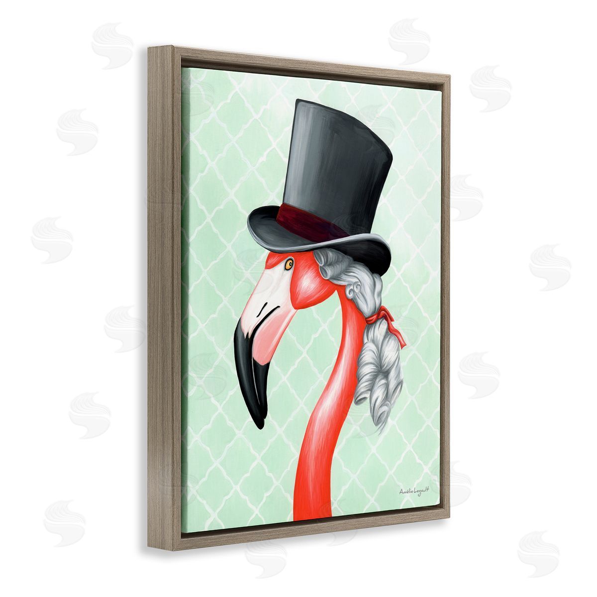 Amelie Legault Flamingo Old-Fashioned Hair Top Hat Patterned Squares Brown Floating Frame Canvas Wall Art Print