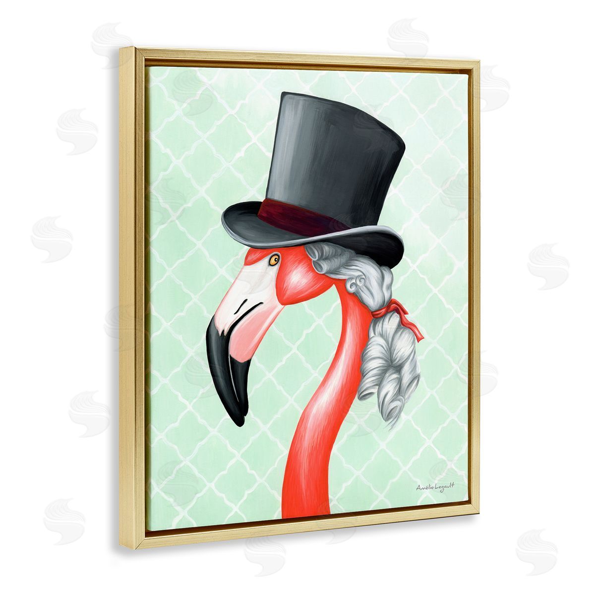 Amelie Legault Flamingo Old-Fashioned Hair Top Hat Patterned Squares Gold Floating Frame Canvas Wall Art Print