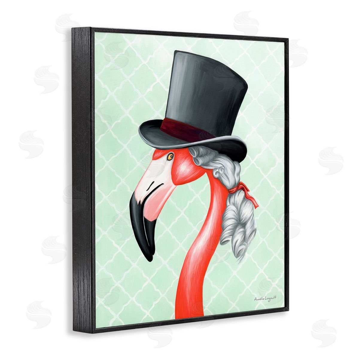 Amelie Legault Flamingo Old-Fashioned Hair Top Hat Patterned Squares Black Framed Giclee Wall Art Print