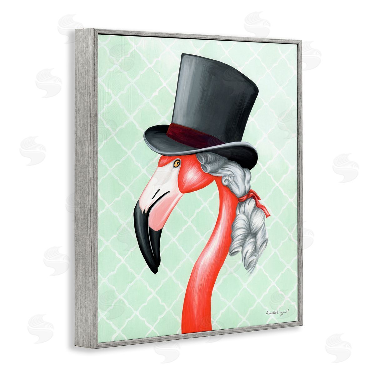 Amelie Legault Flamingo Old-Fashioned Hair Top Hat Patterned Squares Gray Framed Giclee Wall Art Print