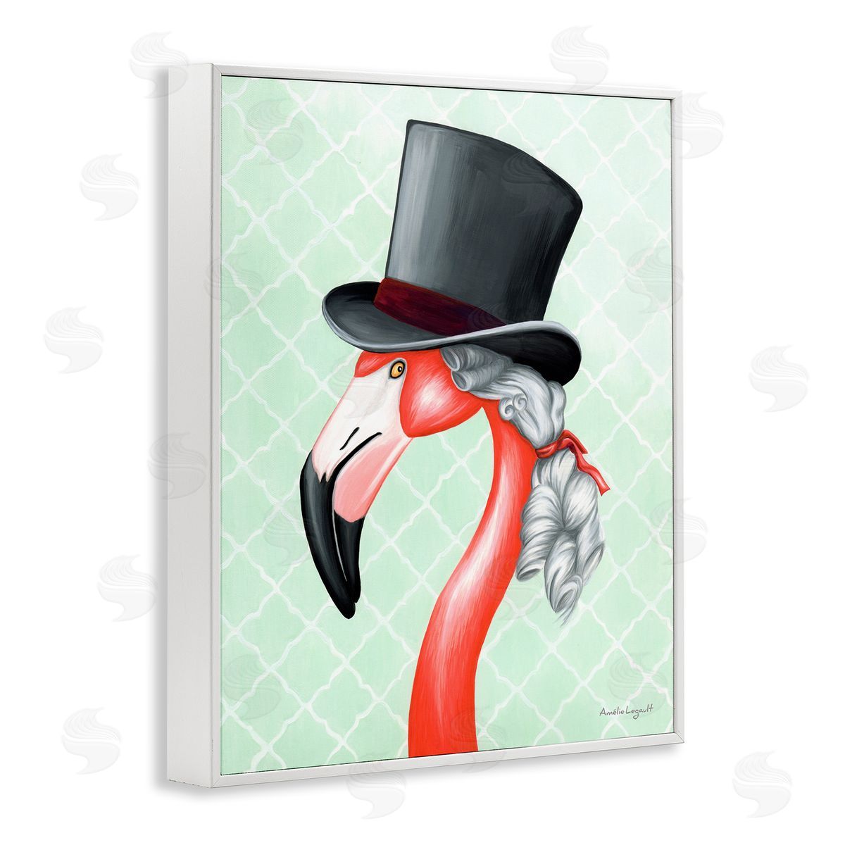 Amelie Legault Flamingo Old-Fashioned Hair Top Hat Patterned Squares White Framed Giclee Wall Art Print