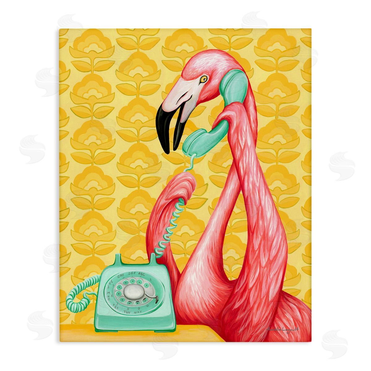 Amelie Legault Flamingo Calling Dial Telephone Groovy Flowers  Stretched Canvas Wall Art Print