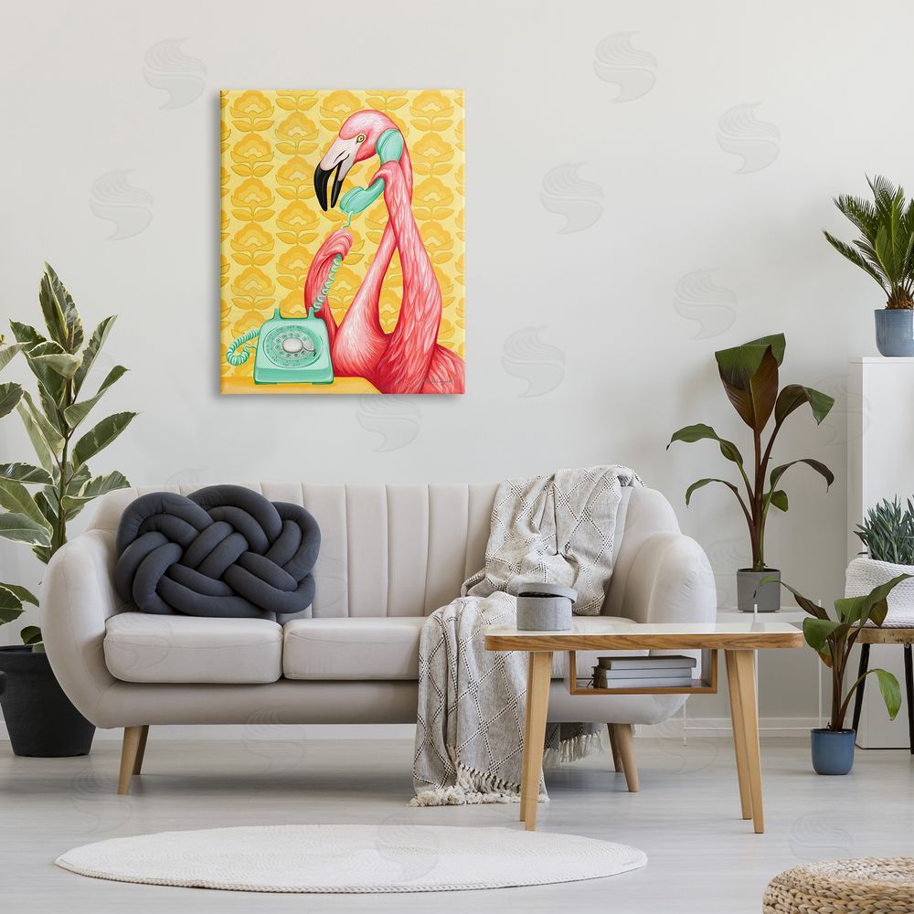 Amelie Legault Flamingo Calling Dial Telephone Groovy Flowers  Canvas Wall Art Print in Room