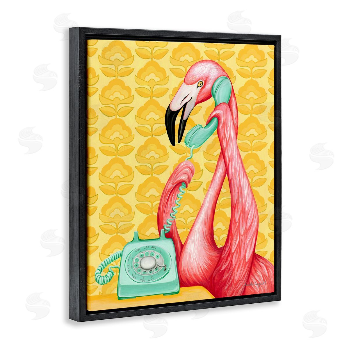 Amelie Legault Flamingo Calling Dial Telephone Groovy Flowers  Black Floating Frame Canvas Wall Art Print