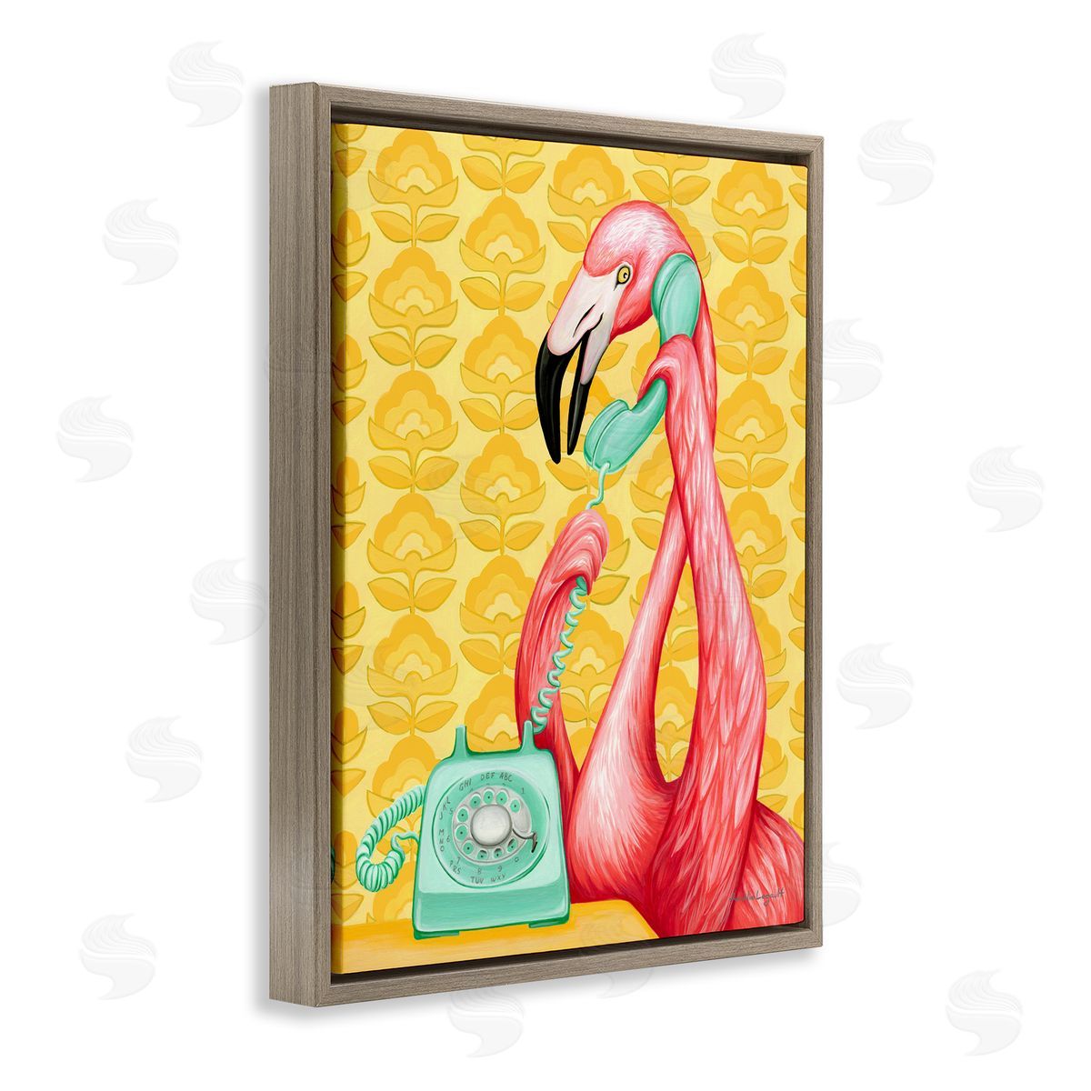 Amelie Legault Flamingo Calling Dial Telephone Groovy Flowers  Brown Floating Frame Canvas Wall Art Print