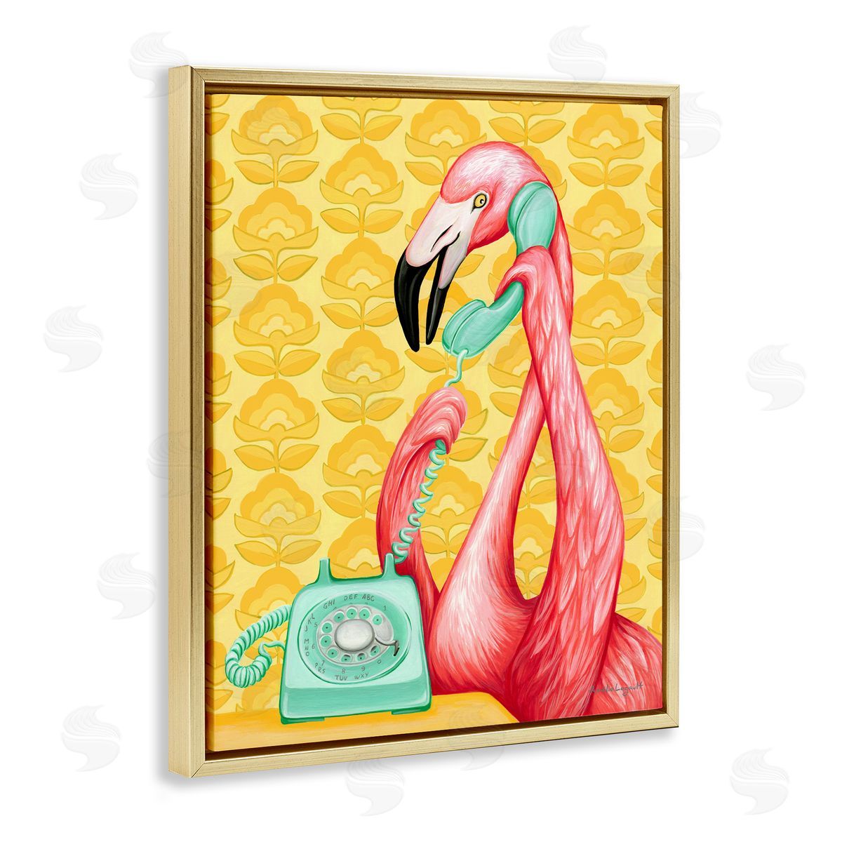 Amelie Legault Flamingo Calling Dial Telephone Groovy Flowers  Gold Floating Frame Canvas Wall Art Print