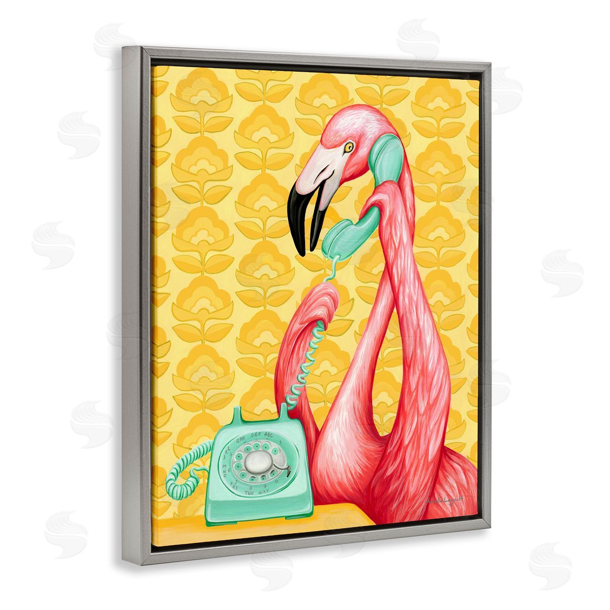 Amelie Legault Flamingo Calling Dial Telephone Groovy Flowers  Gray Floating Frame Canvas Wall Art Print