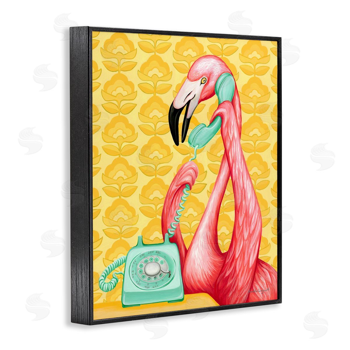 Amelie Legault Flamingo Calling Dial Telephone Groovy Flowers  Black Framed Giclee Wall Art Print