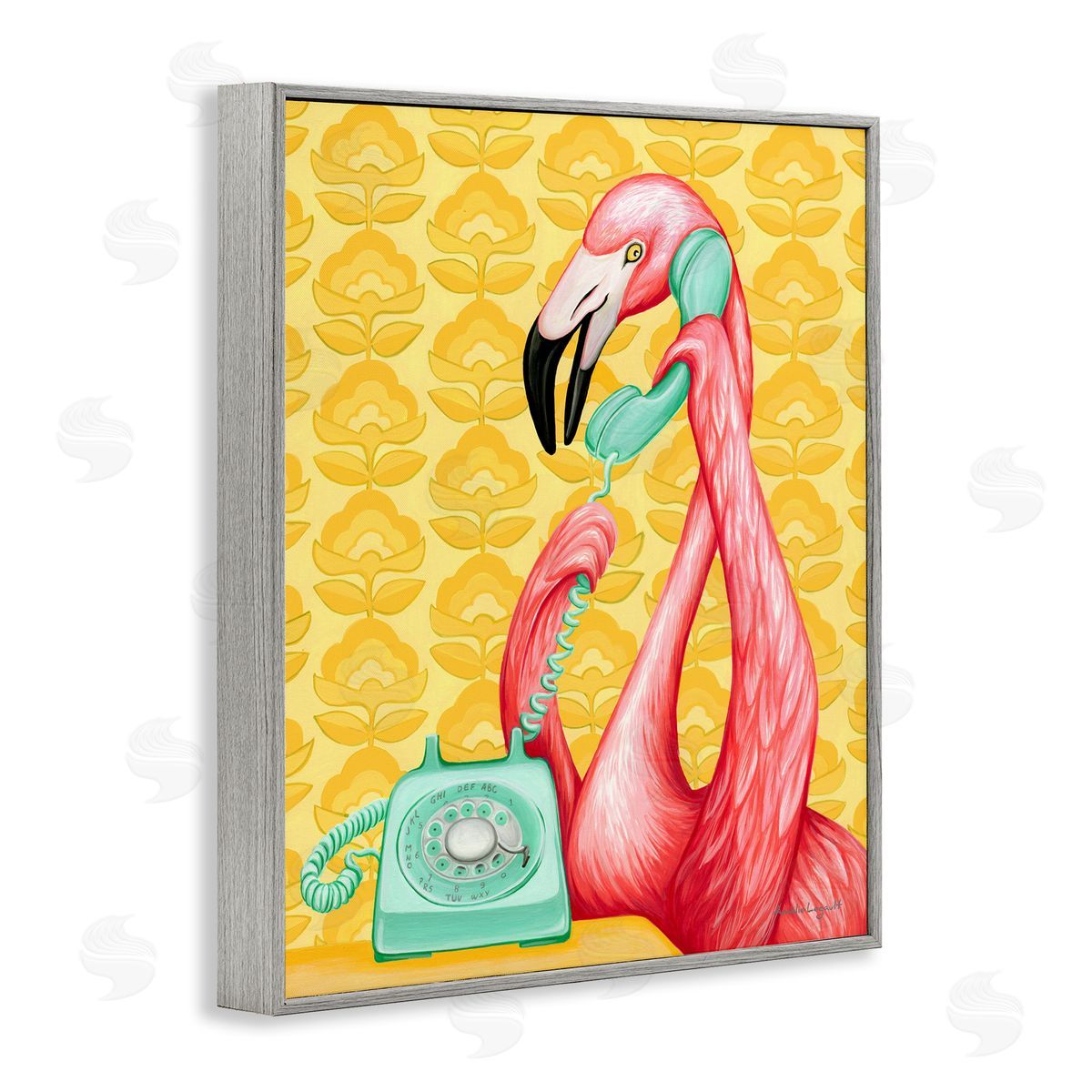 Amelie Legault Flamingo Calling Dial Telephone Groovy Flowers  Gray Framed Giclee Wall Art Print