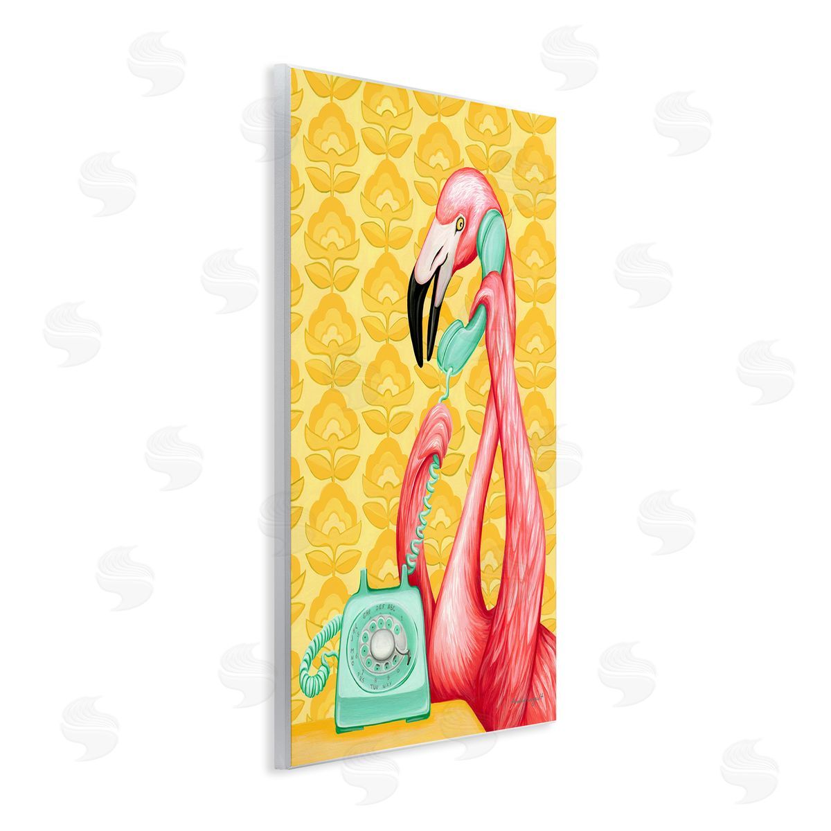 Amelie Legault Flamingo Calling Dial Telephone Groovy Flowers  Wall Plaque Art Print