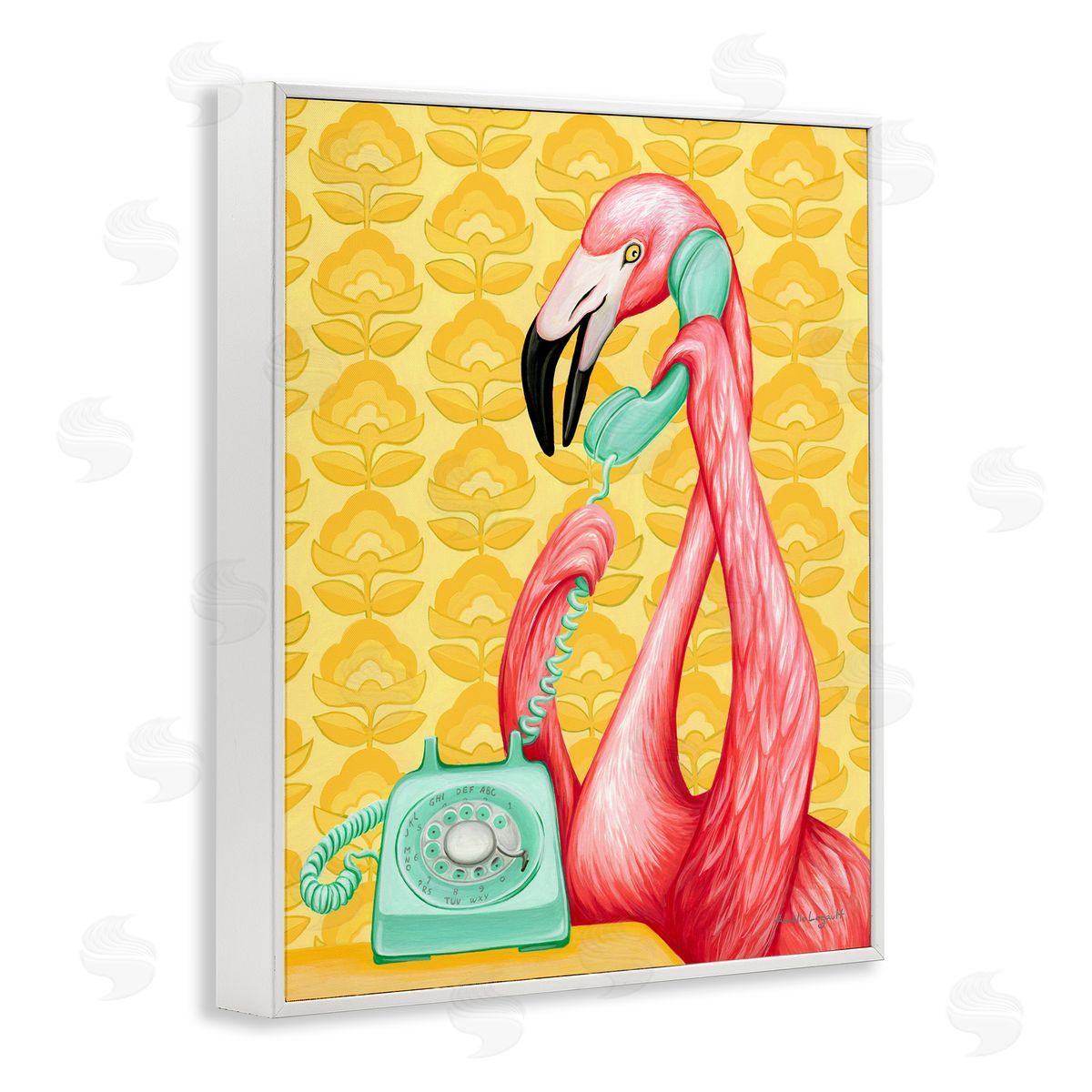 Amelie Legault Flamingo Calling Dial Telephone Groovy Flowers  White Framed Giclee Wall Art Print