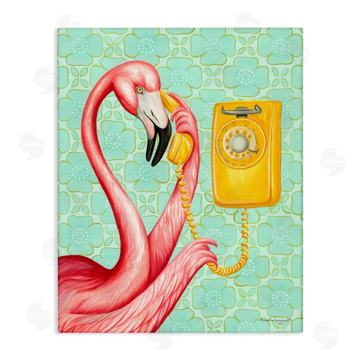 Amelie Legault Flamingo Using Retro Telephone Patterned Flower Stretched Canvas Wall Art Print