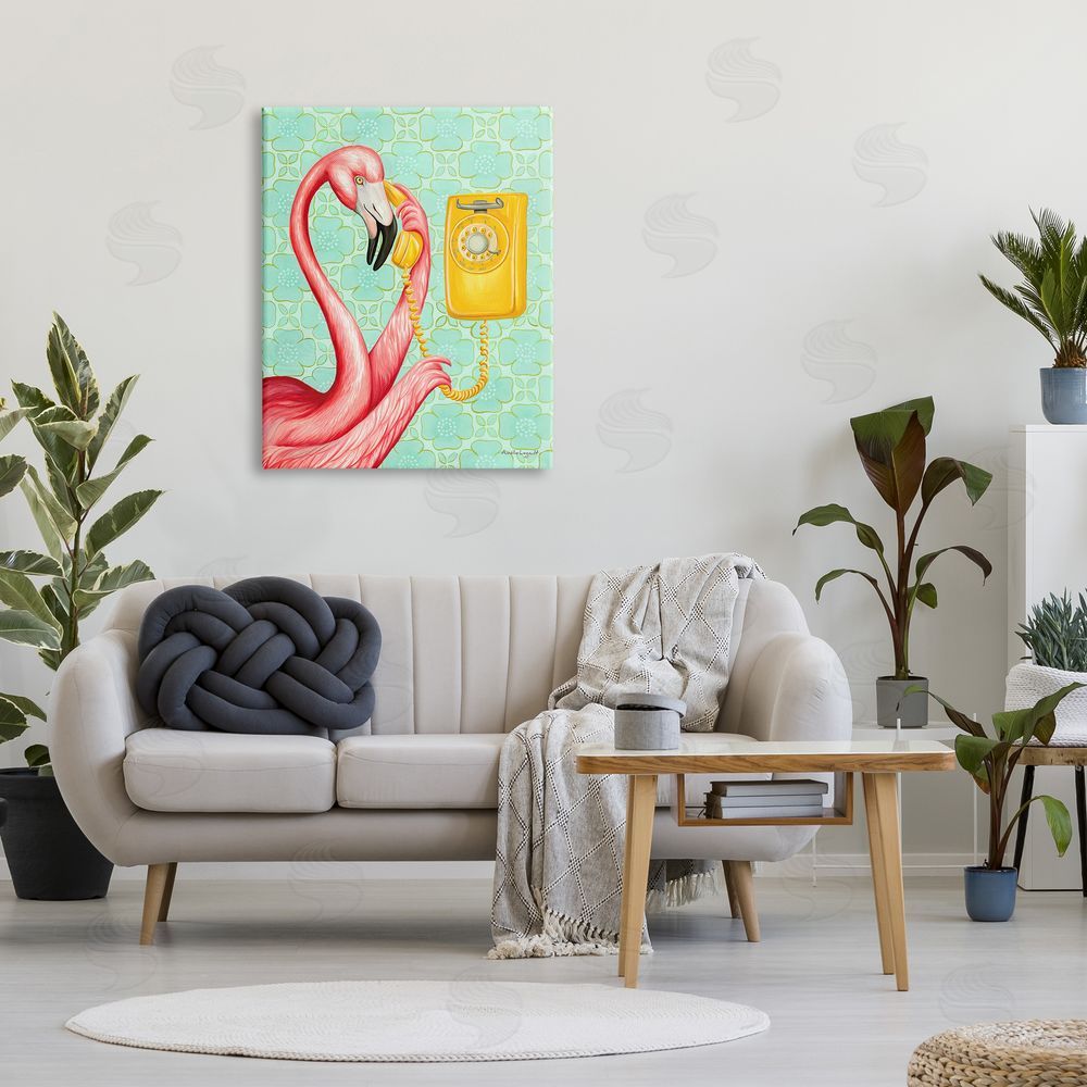 Amelie Legault Flamingo Using Retro Telephone Patterned Flower Canvas Wall Art Print in Room
