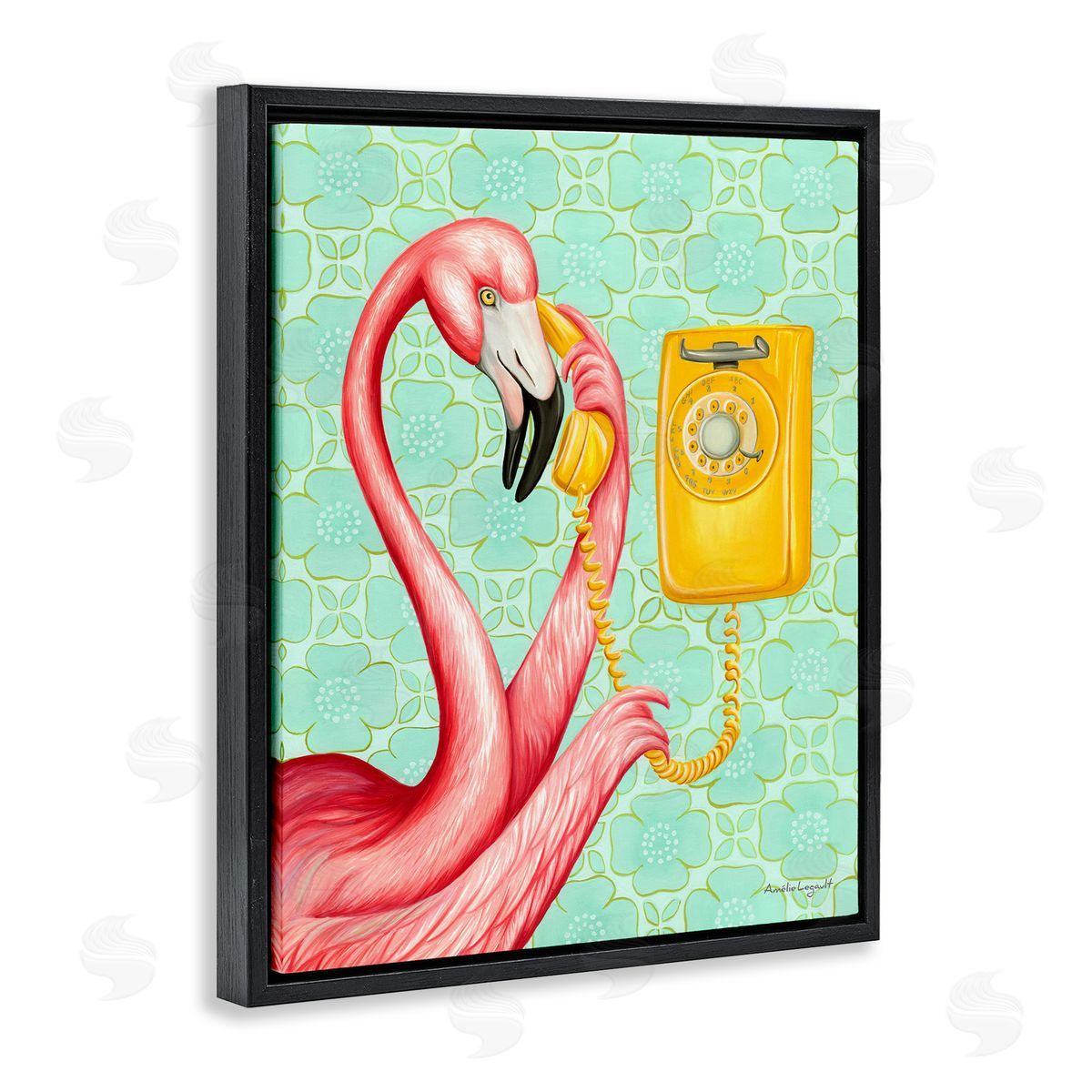 Amelie Legault Flamingo Using Retro Telephone Patterned Flower Black Floating Frame Canvas Wall Art Print