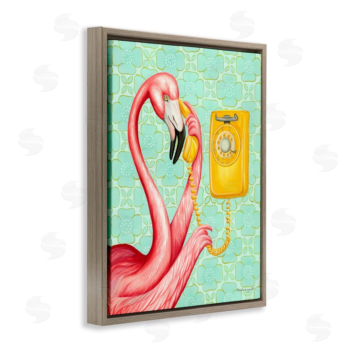 Amelie Legault Flamingo Using Retro Telephone Patterned Flower Brown Floating Frame Canvas Wall Art Print