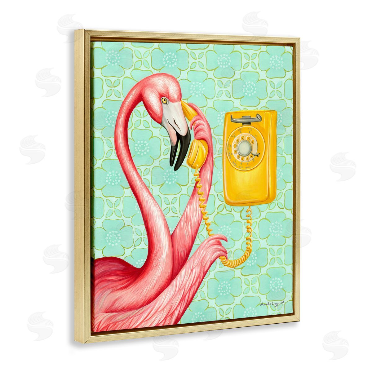 Amelie Legault Flamingo Using Retro Telephone Patterned Flower Gold Floating Frame Canvas Wall Art Print