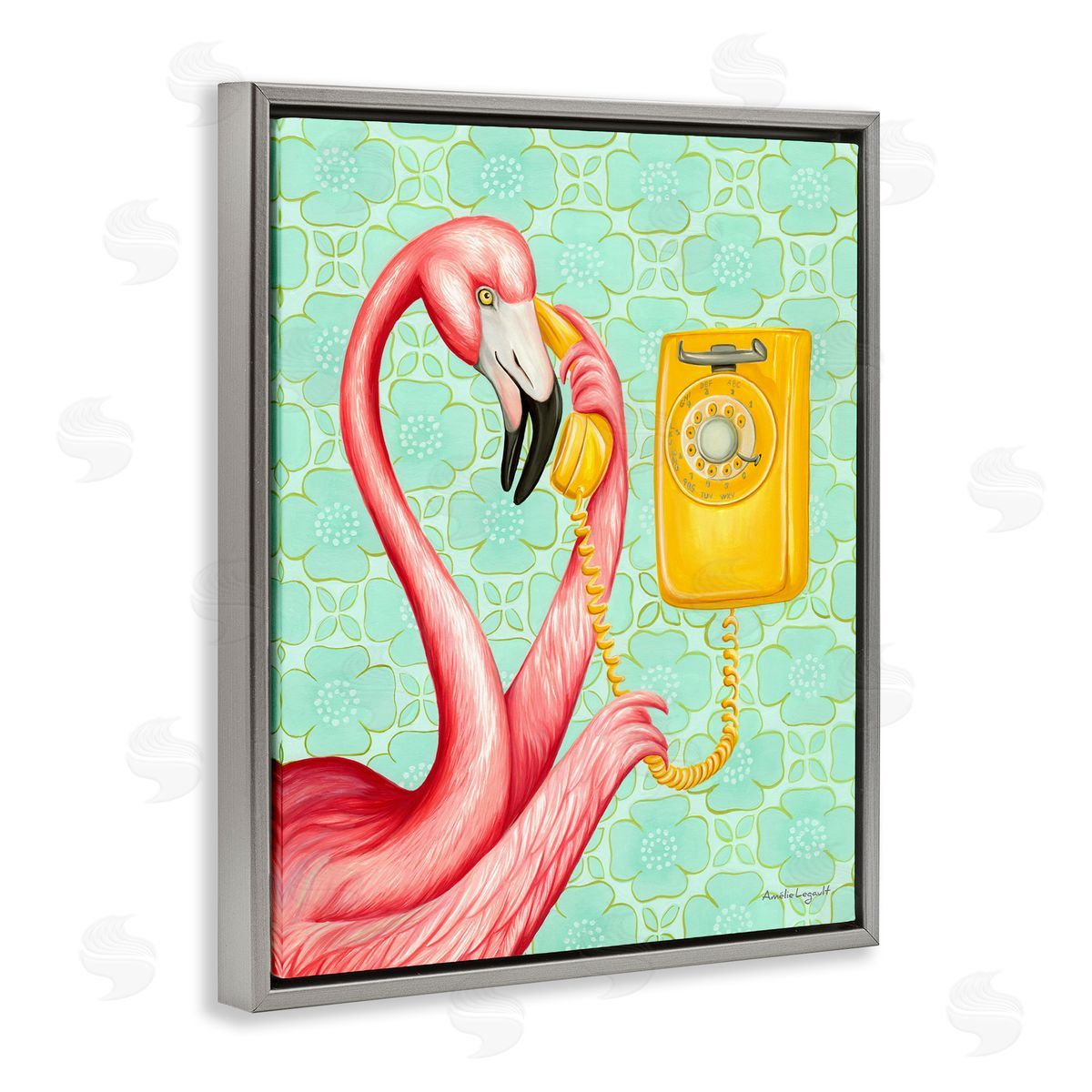 Amelie Legault Flamingo Using Retro Telephone Patterned Flower Gray Floating Frame Canvas Wall Art Print