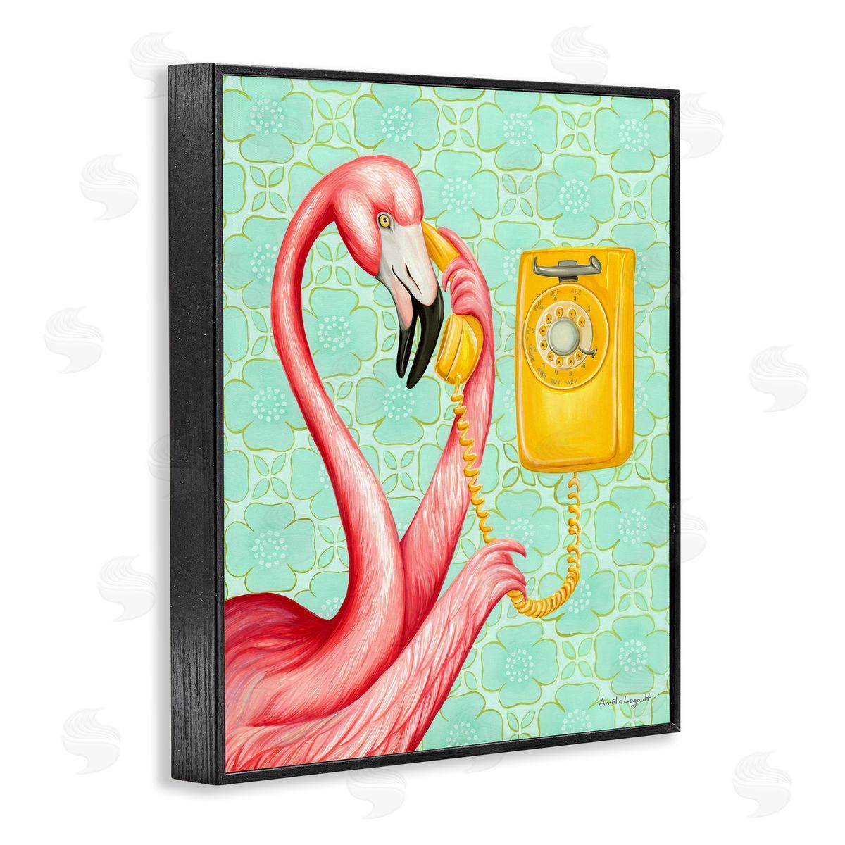 Amelie Legault Flamingo Using Retro Telephone Patterned Flower Black Framed Giclee Wall Art Print