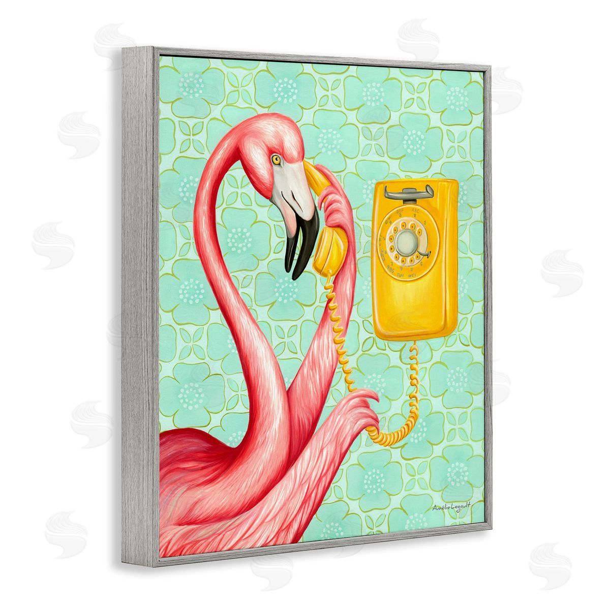 Amelie Legault Flamingo Using Retro Telephone Patterned Flower Gray Framed Giclee Wall Art Print