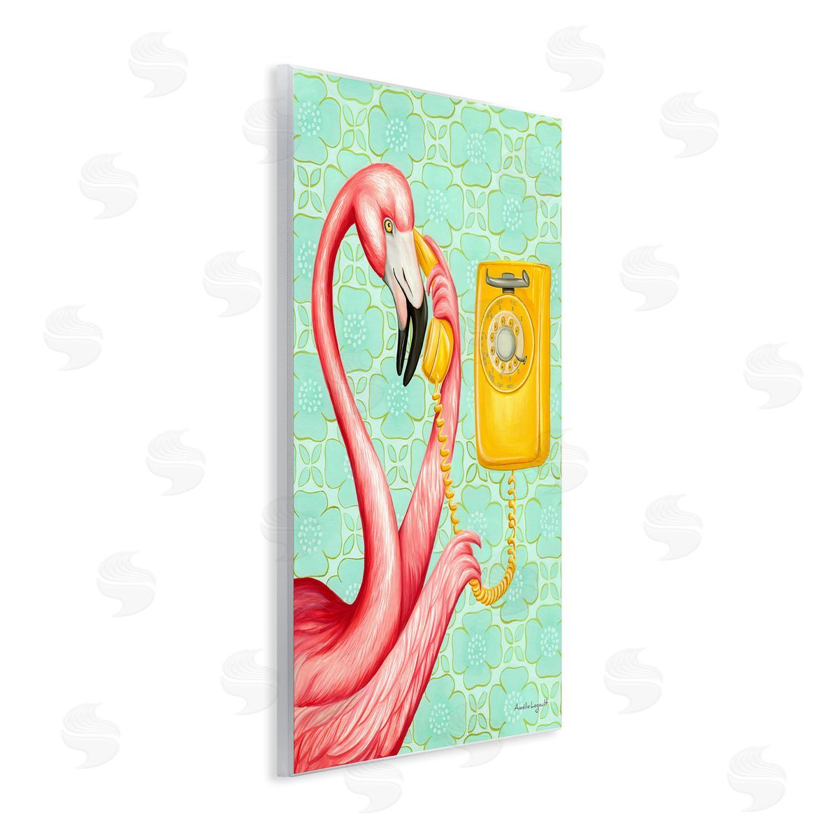 Amelie Legault Flamingo Using Retro Telephone Patterned Flower Wall Plaque Art Print