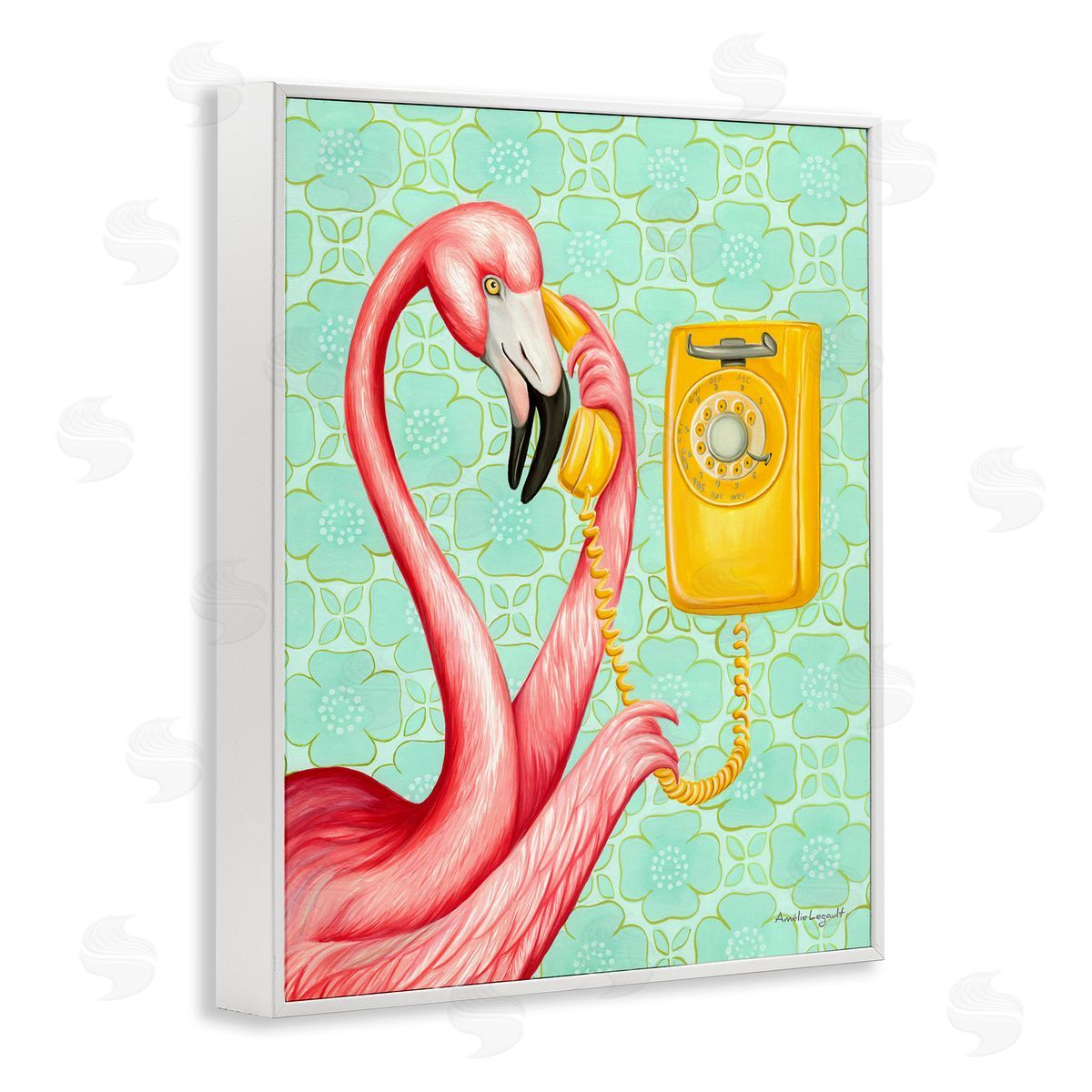 Amelie Legault Flamingo Using Retro Telephone Patterned Flower White Framed Giclee Wall Art Print