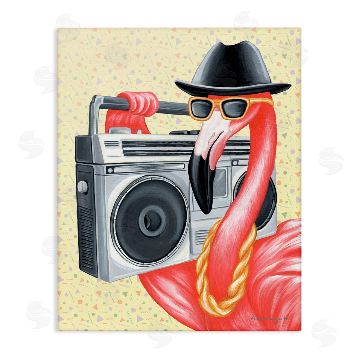 Amelie Legault Funky Retro Flamingo Boombox Music Geometric Pattern Stretched Canvas Wall Art Print