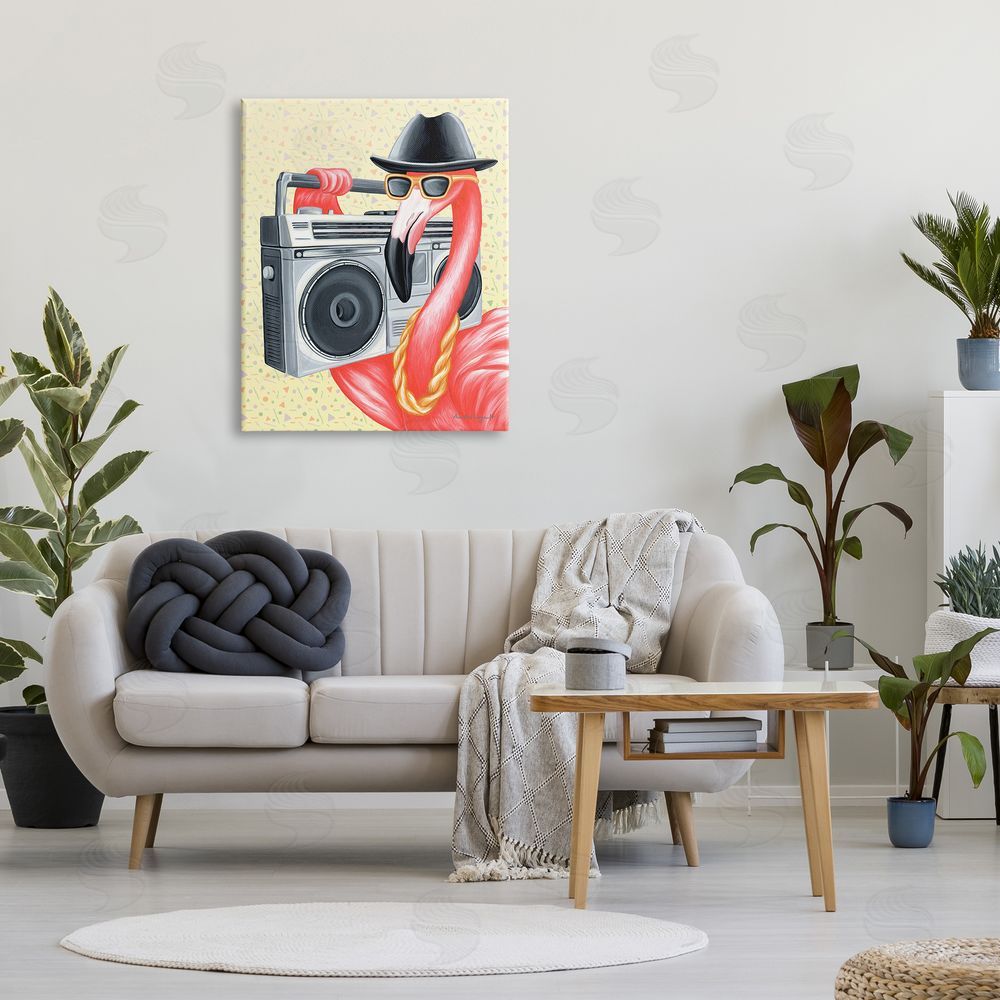 Amelie Legault Funky Retro Flamingo Boombox Music Geometric Pattern Canvas Wall Art Print in Room