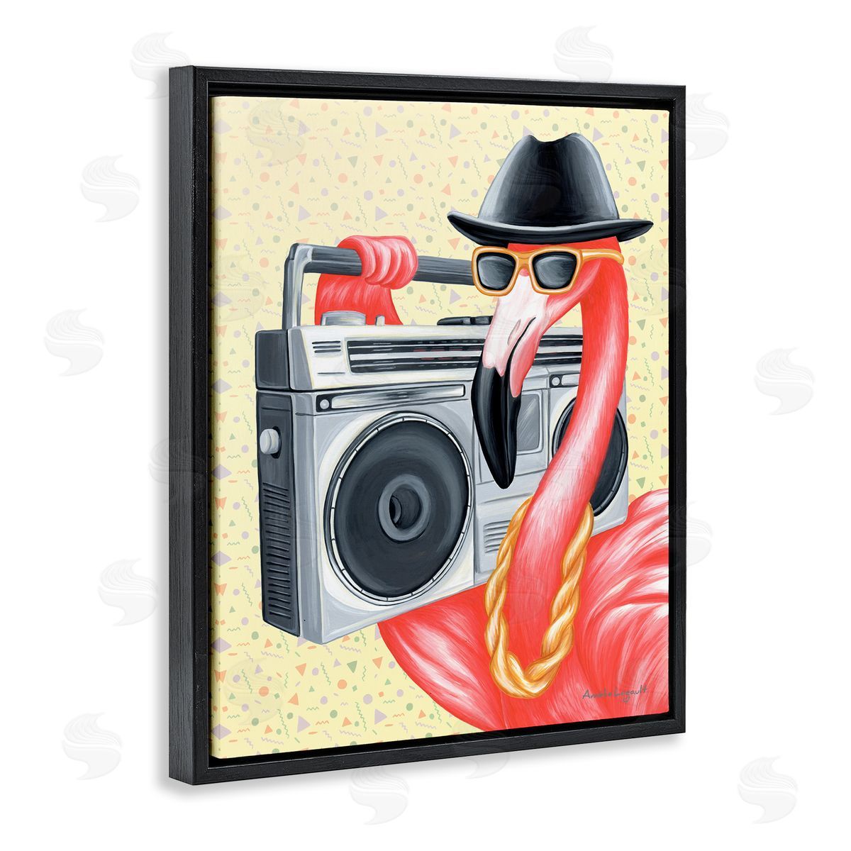 Amelie Legault Funky Retro Flamingo Boombox Music Geometric Pattern Black Floating Frame Canvas Wall Art Print